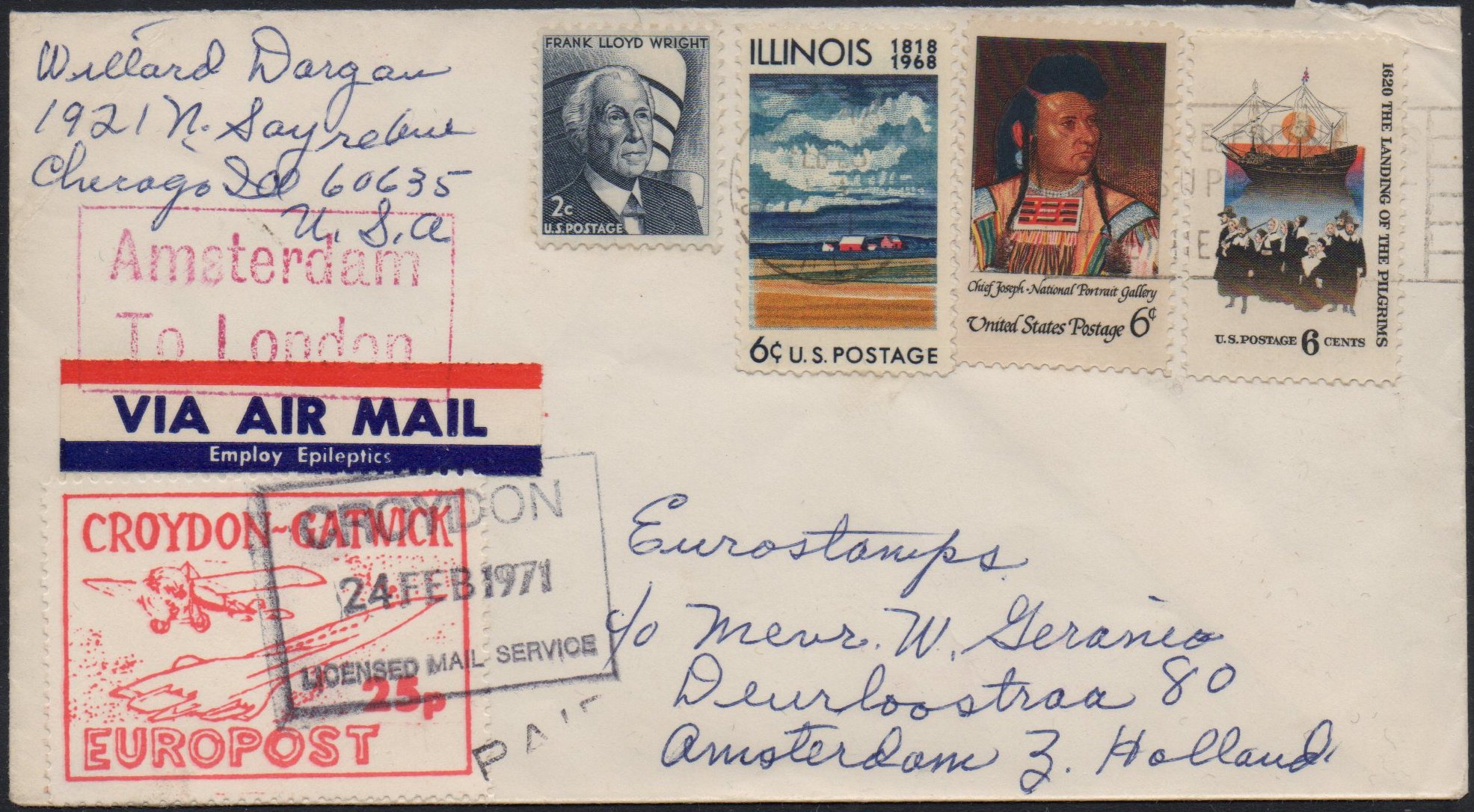 1971 Croydon Gatwick Strike Post 25p Chicago to UK via Amsterdam cover 24 Feb 24 1971 arrival cancellation. Backstamped boxed Amsterdam to London (in red)